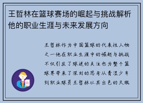 王哲林在篮球赛场的崛起与挑战解析他的职业生涯与未来发展方向